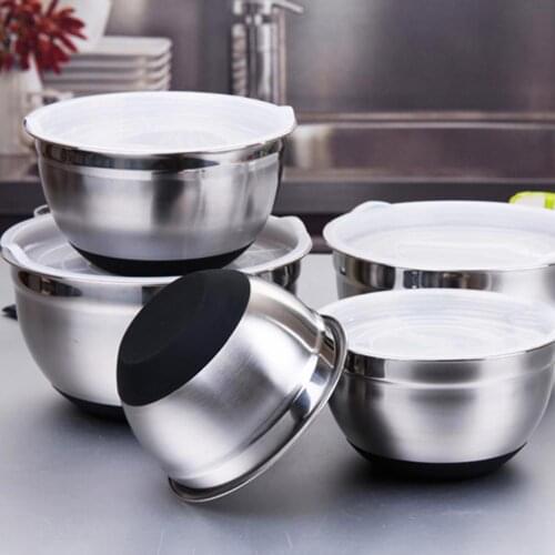Stainless Steel Silicone Lid Egg Mixing Bowl Non-Skid Silicone Base Salad Bowl Food Container Kitchen Bakeware Tool