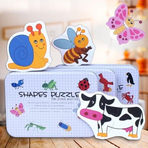 Wood toys children Montessori Iron box Cartoon Animals Cognition Puzzle Matching Educational Toys for children gift