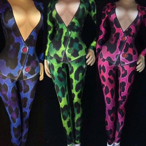 3 Colors Leopard Printed Bodysuit Women Sexy Jumpsuit Female Nightclub Party Singer Dancer One Piece Costume Stage Wear DT349