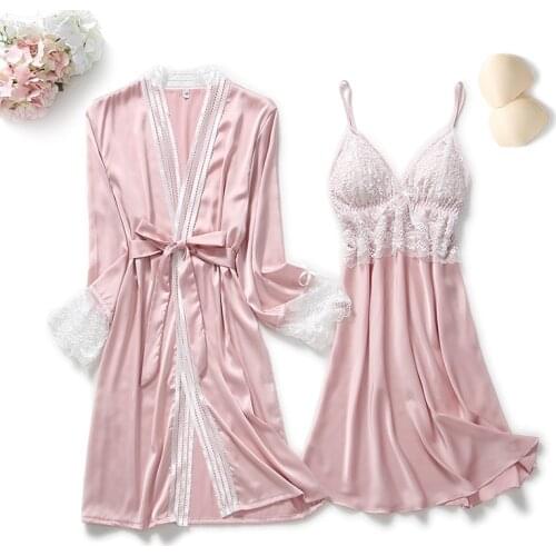 2PCS Lace Robe Gown Sets Womens Strap Nightgown Spring New Satin Nighty Bathrobe Sleep Suit Sexy With Chest Pads Sleepwear