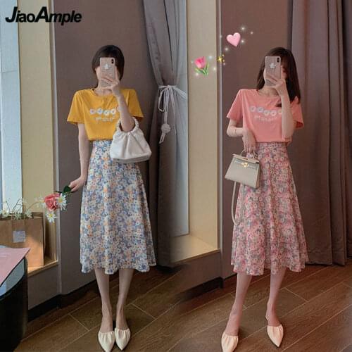 2021 Summer Women French Graceful Floral T-shirt Skirt Set Girls Korean Sweet Daisy Clothing Suits Lady Short Sleeve New Dress