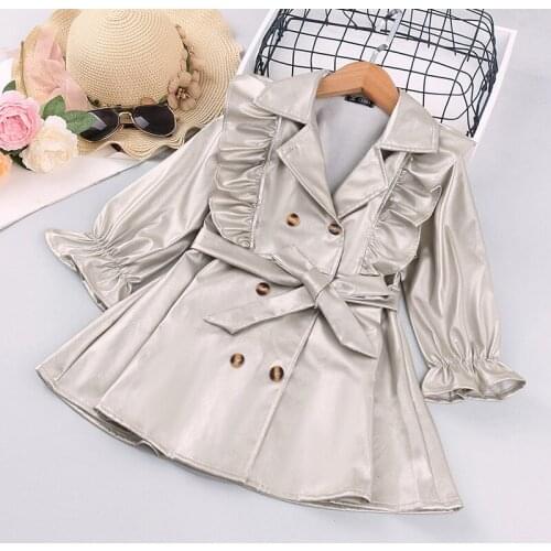 Fashion Trench Coats Baby Girls PU Leather Cotton Ruffle Outerwear Double Breasted Bow Waist Belt Spring Autumn Kids Clothing