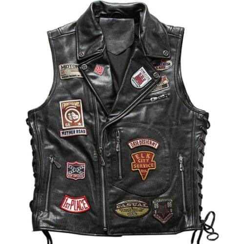 Mens Classic Motorcycle Motorbike Biker Leather Waistcoat Vest Multi Badge Patch Design Genuine Cowhide Sleeveless Jacket