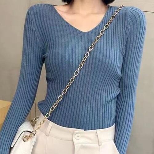 2021 Autumn New Korean Sexy V-neck Pullover Slim Sweater Pullover Long Sleeve Solid Tops Knitted Bottomed Sweater Top 16250