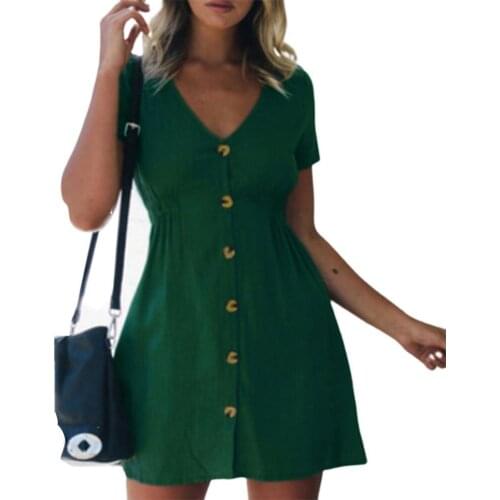 Summer Women Dress Button Placket Short Sleeve High Waist Female Women Sexy V Neck A-line Streetwear Dress