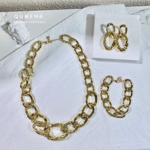 QUMENG 2020 New Custom Designer Jewelry Simple Gold CCB Acrylic Chain Necklace Bracelet Earrings Set Wholesale