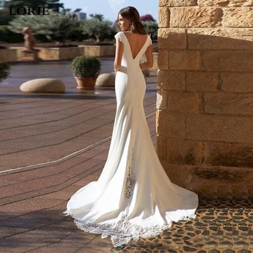 LORIE Sexy Mermaid Wedding Dress Cap Sleeve Lace Appliqued Open V Back Boho Wedding Gown Long Train Bride Dresses