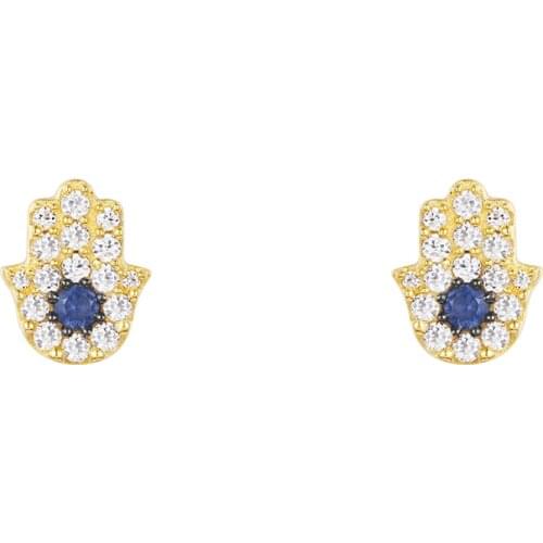 SOELLE Women 925 Sterling Silver Jewelry Yellow Gold Color Lucky Hamsa Hand Stud Earrings Micro Blue Zircon CZ ETE Collection