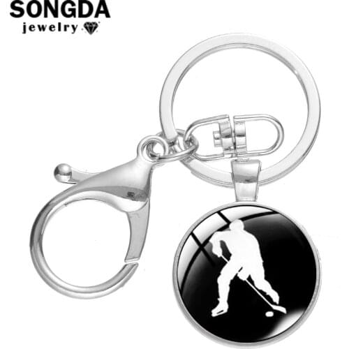 SONGDA Creative Field Hockey Sports Keychain Handmade Glass Art Silhouette Round Pendant Lobster Buckle Key Chain Ring Trinkets