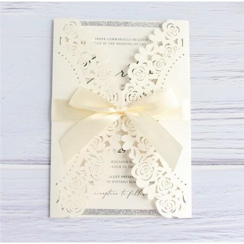 Ivory wedding invitations customized with ribbon glitter silver border wedding gift card party decoration