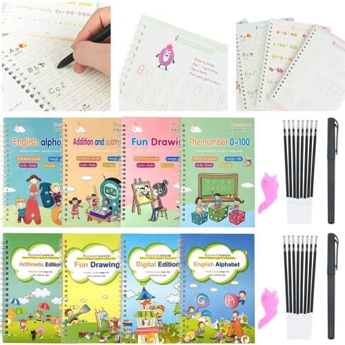 4pcs English Magic Calligraphy Set, Reusable Handwriting Copybook for Kids Preschools Learning Letters, Numbers,Math,Drawing