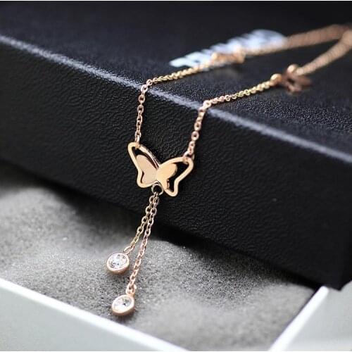 YUN RUO Fashion Brand Rose Gold Anklet Zircon Butterfly Tassels for Woman Girl Gift 316 L Stainless Steel Jewelry Top Quality