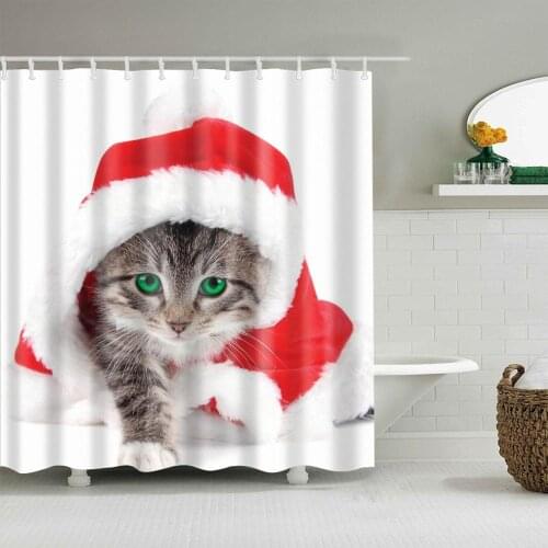 Shower Curtain Cute Christmas Kitten Bath Accessories with 12 Hooks Waterproof Polyester Fabric Bathroom Xmas Decoration