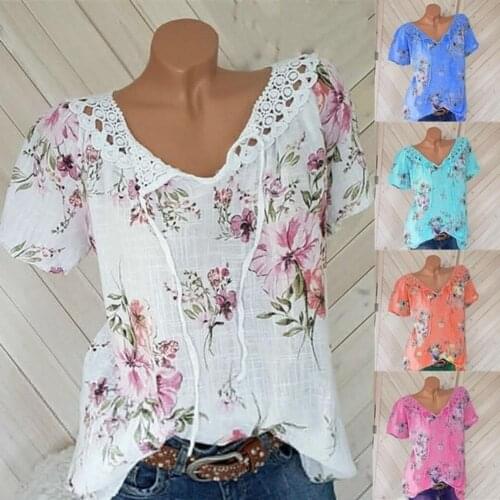Women Short Sleeve T-shirt Flower Print Lace Crochet V Neck Bandage Skin-friendly Pullover Blouse for Club
