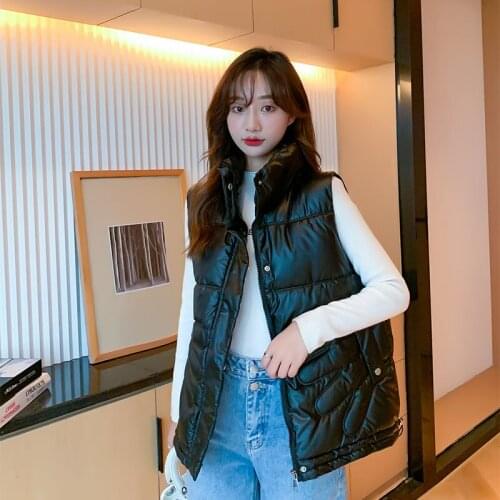 Womens Sleeveless Jacket Solid Stand Collar Shinny Ladies Winter Vest Casual Warm Black Waistcoat for Female 2021 Fashion