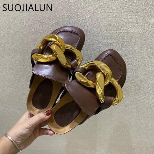 SUOJIALUN 2020 New Brand Women Slipper Fashion Chain Decor Round Toe Flats Mules Lazy Loafer Women Outdoor Slides Slip On Sandal