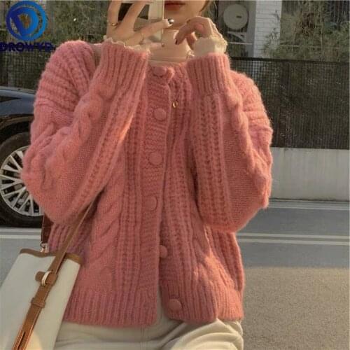 Pink Twist Sweater Jacket Women Thickened Early Autumn 2021 New Korean Loose Knitted Single-breasted Cardigan Jacket Cropped Top