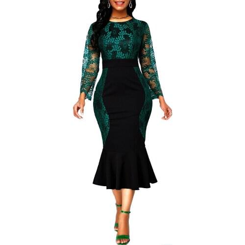 Hook Flower Dress Women 2020 Autumn Summer Casual Plus Size Slim Office Bodycon Dress Vintage Sexy Lace Long Mermaid Party Dress