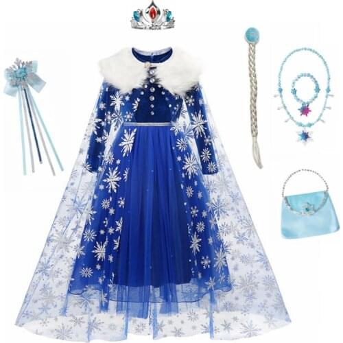 Elsa Winter Dress for Girls Long Sleeve Warm Princess Ball Gown Halloween Costume Kids Party Vestidos with Cape