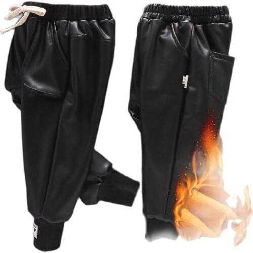 Toddler Kids Winter Pants Warm Solid Black Fleece Baby Boys Girls PU Faux Leather Trousers Casual Plush Velvet Children Leggings