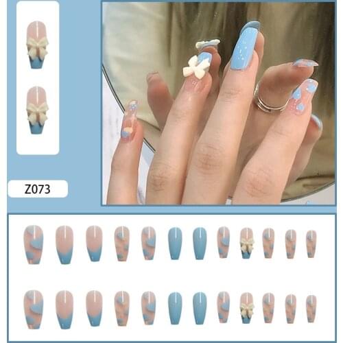 High Quality 24pcs Blue Bow Nail Patch Love Heart Printed Glue Type Removable Long Paragraph Fashion Manicure False Nail Patch
