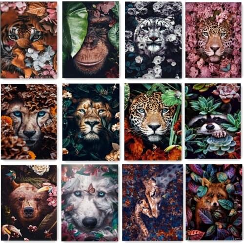 5D Diy Full Diamond Painting Wild Animal Lion Leopard Tiger Wolf Head Flower Cross Stitch Mosaic Square Round Diamond Embroidery