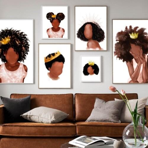 Abstract Black Girl Boy Queen Crown Canvas Painting Wall Art Nordic Posters and Prints Wall Pictures for Living Room Decoration