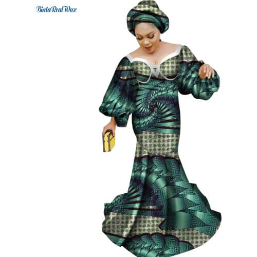 Bazin Riche African Dresses for Women Ruffle Long Dress with Headtie Plus Size Dashiki Traditional African Women Clothing WY2633