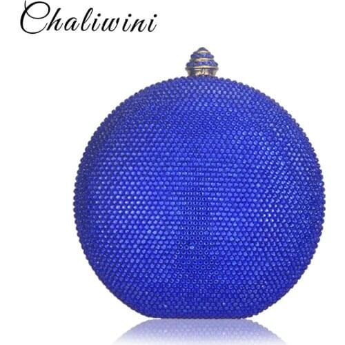 Chaliwini Round Wine Pot Crystal Clutch Evening Bag Mini Metal Minaudiere Clutches Wedding Party Bridal Shoulder Handbag Purse