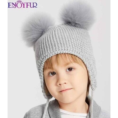 ENJOYFUR Fox Fur Pompom Kids Winter Hats For Girl Boy Warm Fleece Lined Children Knit bonnets New Autumn Cute Baby Ear Beanies