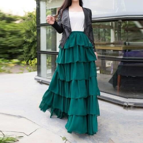 Full Length Dark Green Skirt Custom Made Elastic Waistline A Line Floor Length Long Maxi Skirt Tiered Ruffles Skirts Women