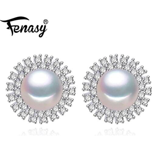 FENASY Natural Freshwater Pearl Big Size Geometric Silver Color Stud Earrings Wedding Engagement Jewelry