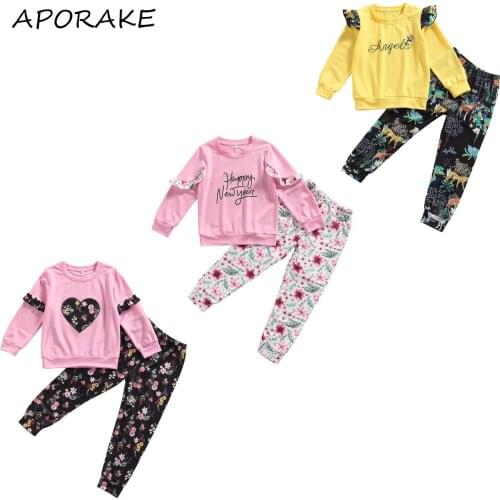 2021 2-7Y Cute Kids Baby Girl Clothes Set Ruffle Shoulder Long Sleeve T-shirt+Floral Print Pants Toddler Spring Autumn Outfits