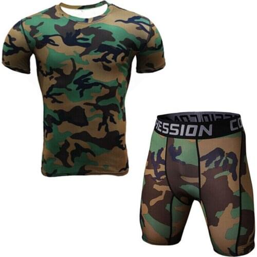 Mens T-Shirt Shorts Set 2 Piece Sportswear Short Sleeve Compression Camouflage Tracksuit