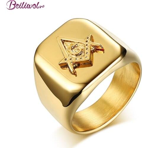 Beiliwol Fashion Rings for Men Gold-color Titanium Steel Luxurious Pattern Square Fine Jewelry Masonic Logo Male No Fade