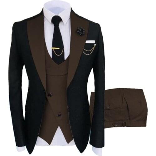 2021 Men Tuxedo Suits For Wedding Groom Black Blazer Groomsmen Brown Vest Pants Costume Homme 3 Piece Slim Fit Terno Masculino