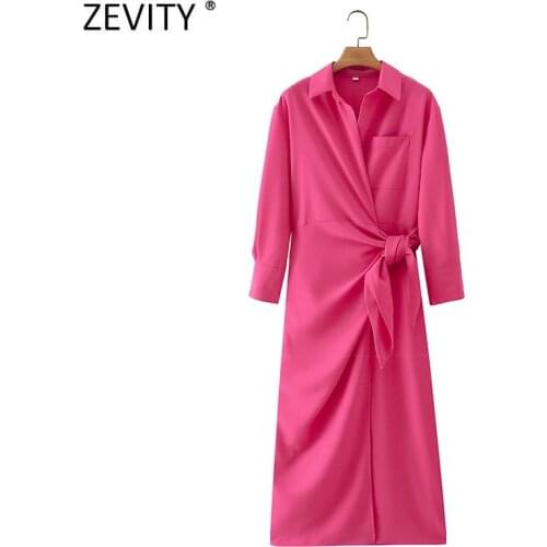 Zevity 2021 New Women Vintage Solid Color Bow Tied Shirt Dress Ladies Turn Down Collar Business Chic Slim A Line Vestidos DS8632