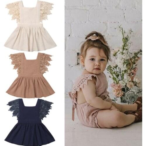 Newborn Baby Girls Dress Toddler Princess Lace Fly Sleeve Backless Cotton linen Sundress Summer Clothes Solid Color size 0-3Y