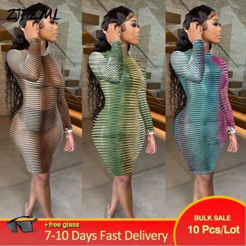 Bulk Items Wholesale Lots Womens Mini Dress Streetwear Long Sleeve Waist Shape Bandage Dresses Sexy Gradient Striped Vestidos