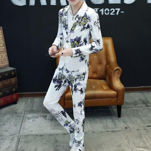 Autumn Men Blazer & Pants Two Piece Set Slim Casual Printed Single Button Suit Jacket Terno Masculino Club Night Outerwear M-3XL