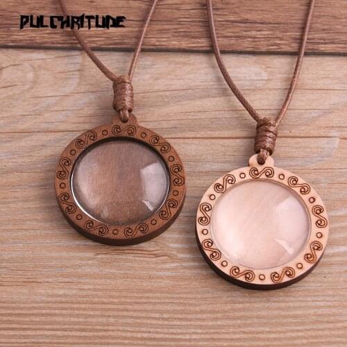 2pcs 30mm Inner Size Round Wood Cabochon Setting Blank Cameo Pendant Base Trays With Leather Cord For Jewelry Making
