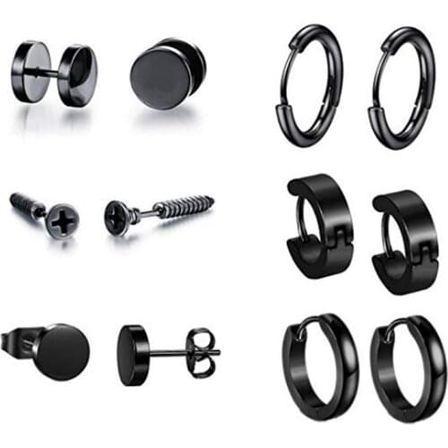 6 Style/set Men Earrings New Fashion Cool punk Black Stainless Steel Round Stud Earrings For Women Men Jewelry gifts 2019