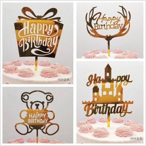 New Golden Cartoon Animal Cake Topper Happy Birthday Acrylic Cake Topper For Kids Birthday Party Cake Decoration Baby Shower