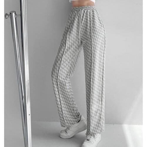 TVVOVVIN womens fashionable Spring new straight high waist wide leg slimming diamond plaid loose casual sports pants 9Q5S