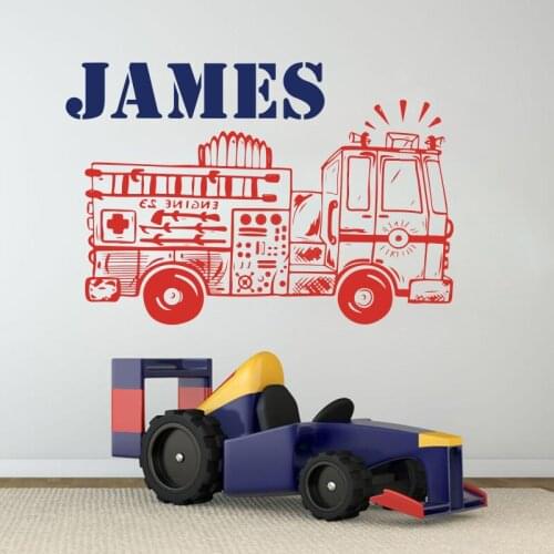 Custom Name Firetruck Wall Sticker Boy Room Play room Personalize Name Fire Truck Car Wall Decal Bedroom Vinyl Home Decor