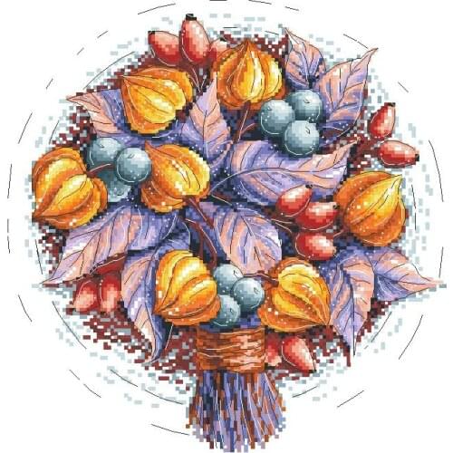 Colorfully fabric Counted Cross Stitch Kit Lantern flowers Autumn Fruits Chinese Lanterns bouquet Colorful