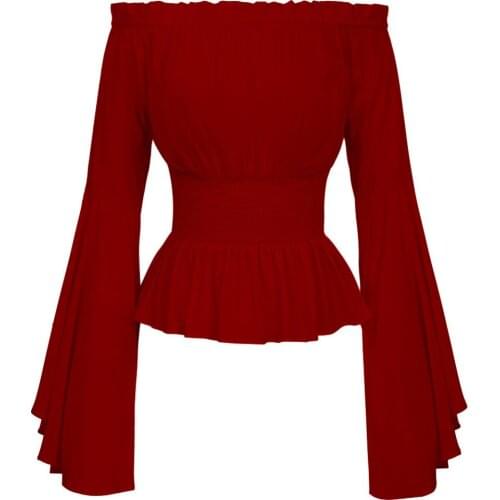Women Medieval Renaissance Solid Color Bell Sleeve Ruffled Off Shoulder Blouse For Women Off Shoulder Tops Slim Autumn Shirts