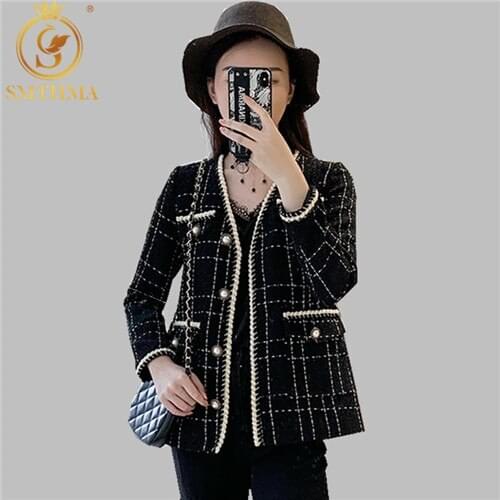 SMTHMA Autumn Winter Tweed Coat 2021 New Fashion Runway Womens Long Sleeve Wool Coat Vintage Black Plaid Woolen Jacket
