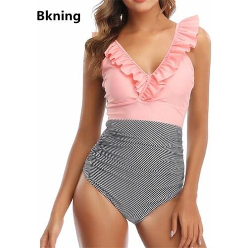 Womens One Piece Swimsuits Plus Size XXXL Swimsuit for Women Ruffle V Neck Push Up Onepiece Pink Polka Dot Striped Swim Large