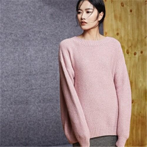 New arrival 100% hand made pure wool Oneck knit women streetwear solid H-straight loose pullover sweater one&over size